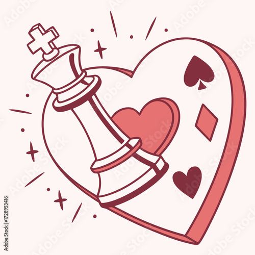 King of Hearts chess piece crowned within a vibrant heart symbol surrounded by sparkling playing card icons, conveying love and strategy