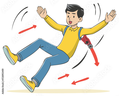Cartoon boy in yellow shirt and blue jeans falling with backpack and red arrows indicating motion
