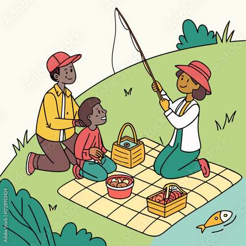 Joyful family enjoys a delightful fishing picnic by the water, creating cherished memories with laughter and sunshine in a beautiful outdoor setting.