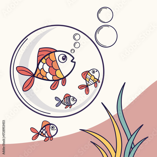 Playful cartoon fish swim inside a clear bubble with bubbles rising, hinting at underwater adventure and joy