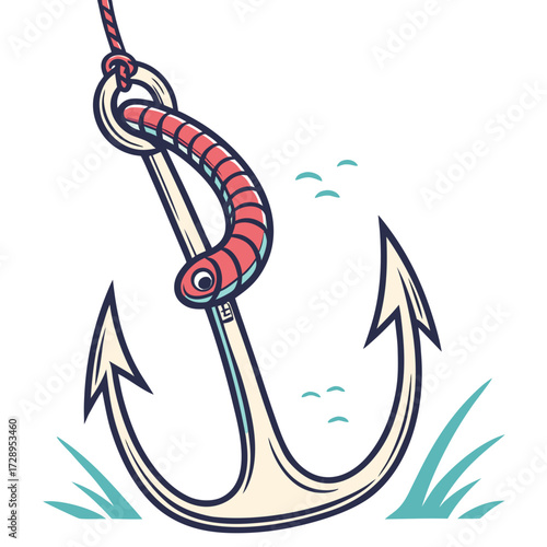 Nautical anchor with worm bait symbolizing a fishing lure and adventure on the high seas