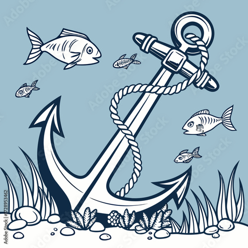 Nautical anchor with playful fish swimming in a charming underwater scene, perfect for maritime themes and ocean adventures.