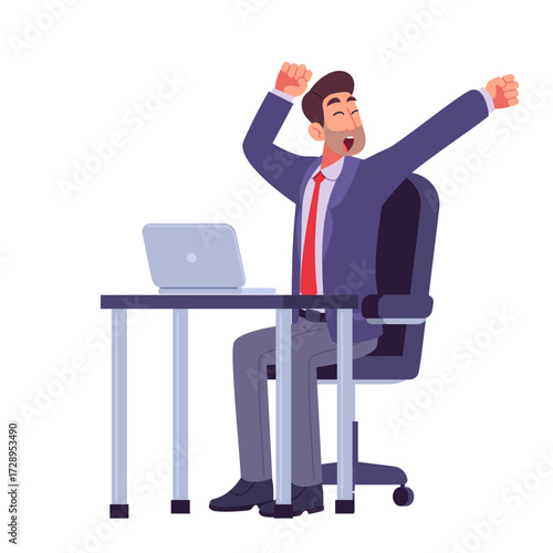 Tired businessman yawning and stretching at office desk