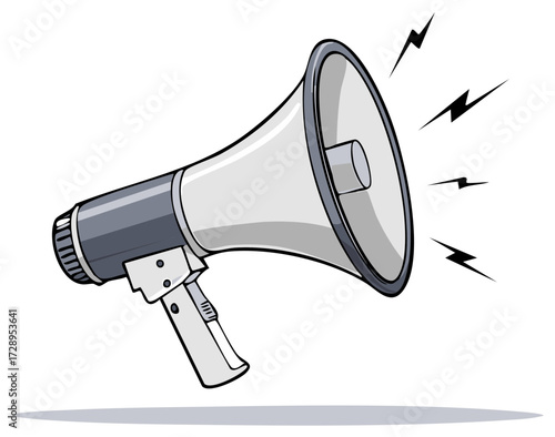 Loud Cartoon Megaphone with Lightning Bolts Emitting Sound Waves and Voice Amplification