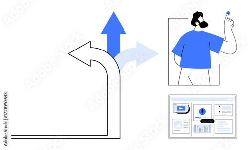 Curved arrow splitting into two directions alongside a person holding a thought piece and analytics dashboard. Ideal for strategy, choice, planning, innovation, analytics, business growth, simple