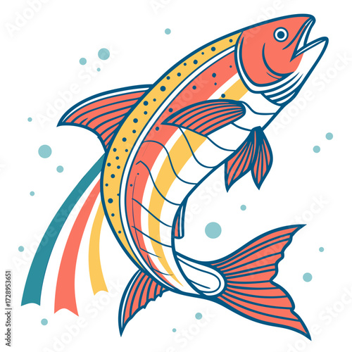 Vibrant jumping fish with flowing ribbons and bubbles, symbolizing freedom, success, and aquatic life, perfect for nature and sports themes.