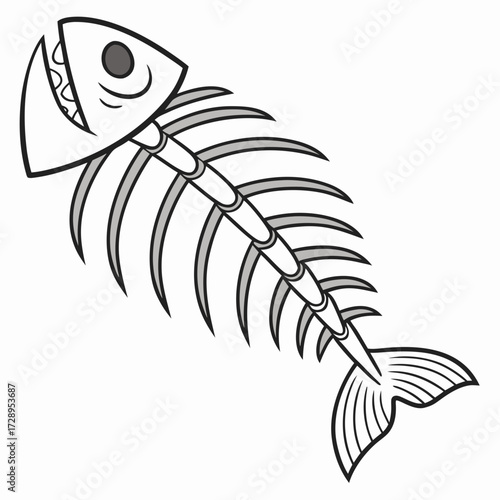 Whimsical cartoon fish skeleton with a wide open mouth and sharp teeth, a playful, fun, and slightly spooky illustration perfect for kids' content or creative projects.