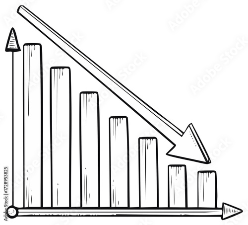 Falling Bar Graph with Arrow Indicating Negative Trend or Market Downturn