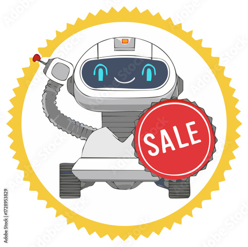 Friendly robot holding a red sale sign with sale text inside a yellow sunburst circle