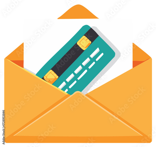 Payment card emerging from an open envelope representing financial delivery and banking correspondence