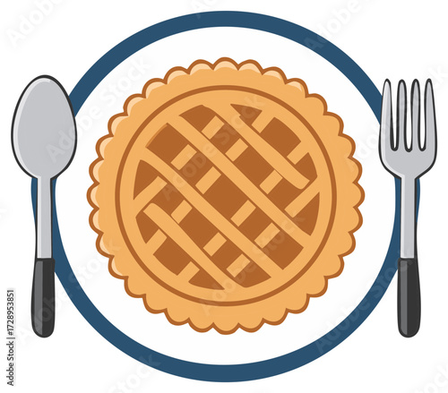 Illustration of a whole pie with a lattice crust, served on a plate with a fork and spoon