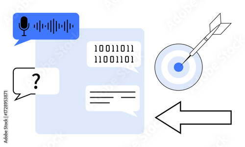 Speech bubbles with voice signals, binary code, text, question mark, large arrow, and dart in center of target. Ideal for technology, AI, data communication marketing problem-solving strategy