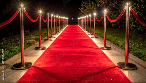 A vibrant red carpet pathway, illuminated by glowing lights and velvet ropes, leading into darkness, creating an elegant, yet enigmatic scene
