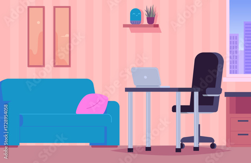 Empty home office workspace with laptop on the desk