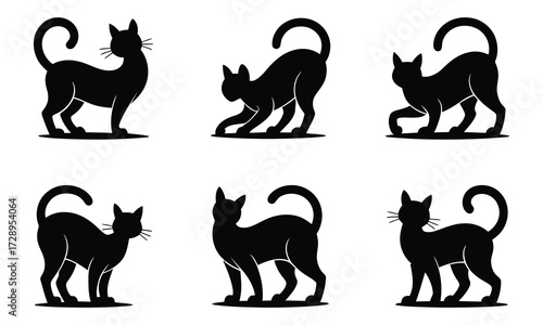 Set of Black Cats Silhouettes. Different Poses of Domestic Animal. Vector Illustration.