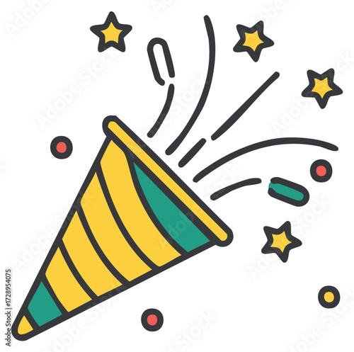 Colorful striped party popper exploding with confetti and stars, celebration vector icon