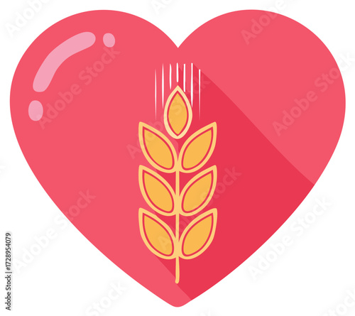 Red heart icon with golden wheat stalk healthy organic food and natural grain symbol