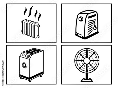 Minimalist Appliance Icons
A clean vector illustration showing four black-and-white icons in a two-by-two grid: a radiator with heat waves, an air conditioning unit blowing air, a water heater with a 