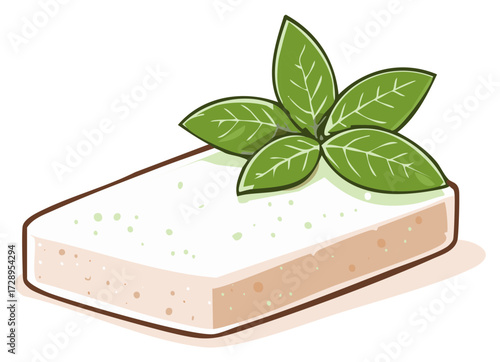 Feta cheese block with fresh green basil leaves on top isolated food illustration