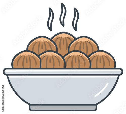 Steaming Hot Dumplings in a Bowl, Traditional Asian Cuisine Illustration