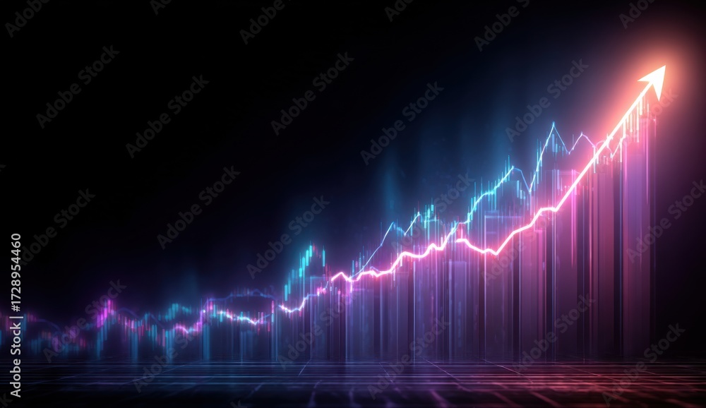 Fototapeta premium Dynamic financial chart with glowing upward arrow signifies profitable growth and market success in a modern abstract setting