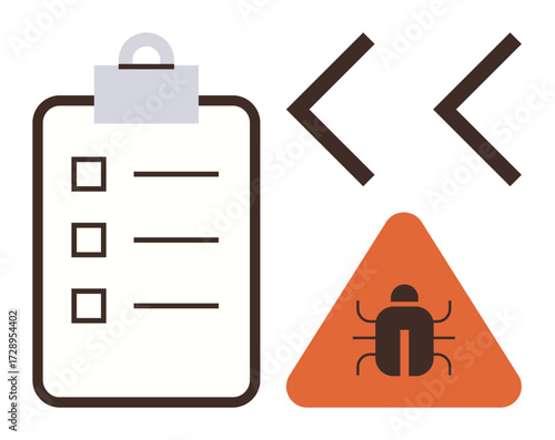 Clipboard with checklist, coding brackets, and bug warning triangle emphasize debugging and error tracking. Ideal for software development, quality assurance, coding, programming, troubleshooting