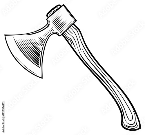 Lumberjack axe with wooden handle in a retro black and white engraving style illustration