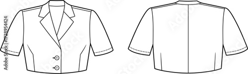 Short sleeve cropped blazer technical sketch, front and back view, fashion flat, notched lapel, garment construction, vector illustration