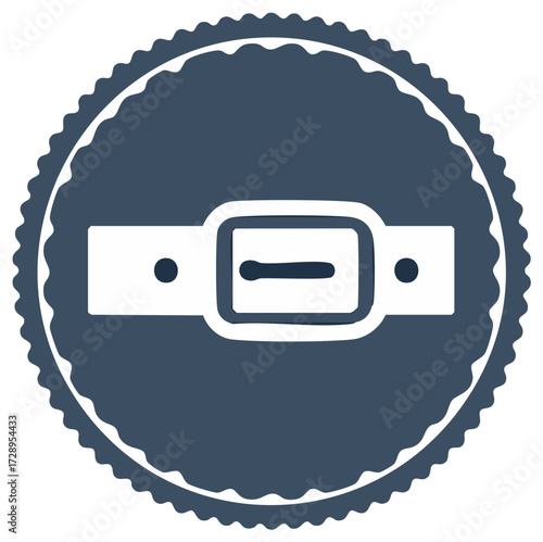 White Belt, Buckle with Holes and Blue Seal. Accessory Design, Clothing Fastener in Decorative Dark Blue Circular Border.