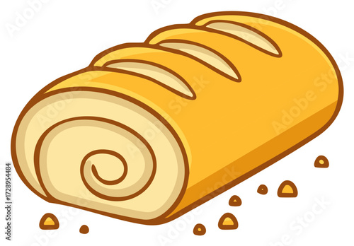 Cartoon golden baked bread roll with sweet swirl filling and crumbs