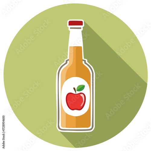 Flat design apple cider bottle with red apple label and long shadow