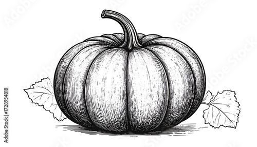 Detailed line drawing of a pumpkin with leaves