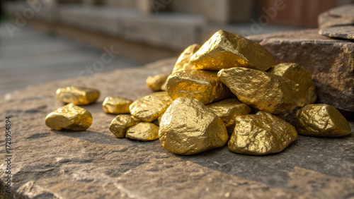 Golden mineral nuggets with bright reflections, set on a rough stone surface, highlighting themes of wealth and treasure.