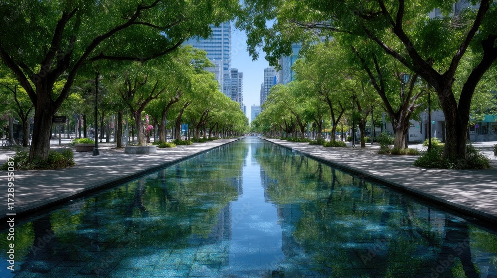 Obraz premium Scenic Urban River Reflection Among Lush Green Trees in Cityscape under Bright Sunlight