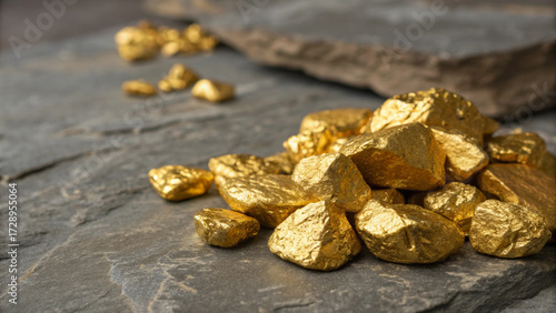 Pile of golden nuggets glowing with metallic shine, placed on rugged stone ground as a symbol of fortune.