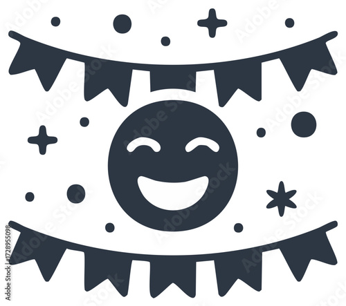 Joyful smiley face with festive bunting and confetti celebration