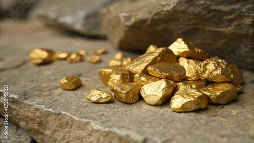 Shiny golden nuggets reflecting light, displayed on rough textured stone surface, representing value, rarity, and treasure.