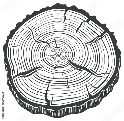 Tree Trunk Cross Section Illustration with Growth Rings and Cracks