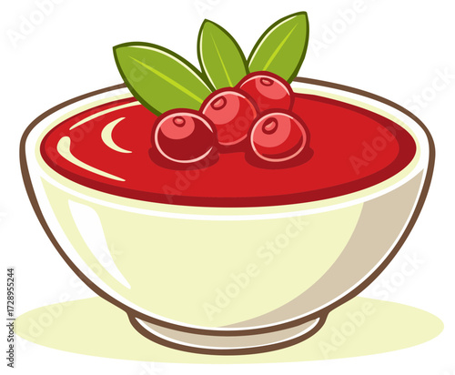 Bowl of Vibrant Cranberry Sauce with Fresh Berries and Leaves