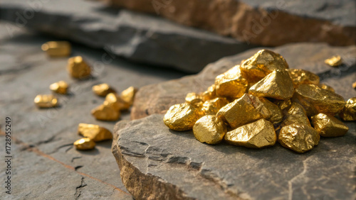 Glittering gold nuggets scattered on a rugged stone background, symbolizing prosperity, fortune, and natural mineral wealth.