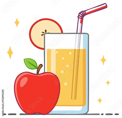 Cartoon illustration of a glass of apple juice with a red apple and straw