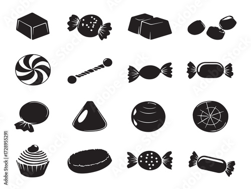 Sweets and candies silhouette icon vector illustration solid black symbol for confectionery