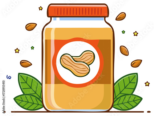 Jar of Smooth Peanut Butter with Peanuts and Leaves