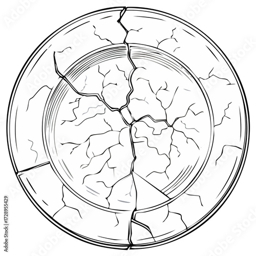 Cracked and shattered ceramic dinner plate top view black and white line art illustration