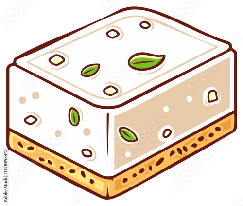 Sweet nougat candy with pistachios and almonds served as a slice