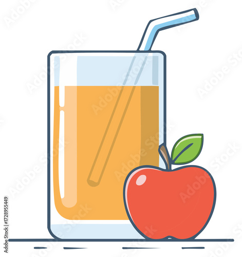Vibrant fruit juice in a tall glass with a drinking straw, accompanied by a fresh red apple illustration