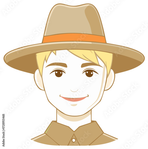 Cartoon Avatar of a Young Man Wearing a Safari Hat and Button-Down Shirt