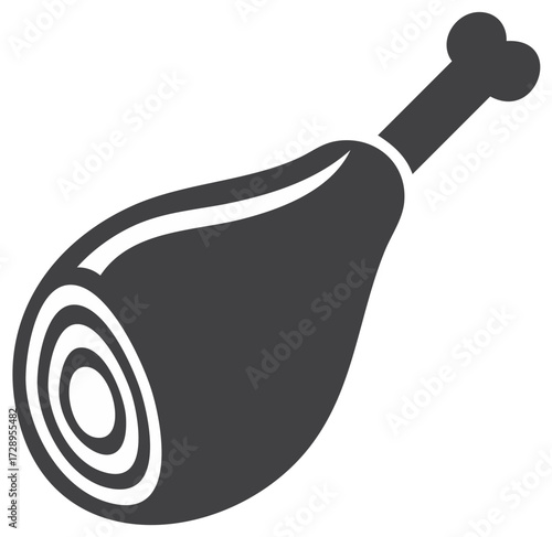 Black and White Illustration of a Cooked Meat Leg with a Bone.