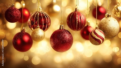 Christmas Decorative Baubles: Red/Gold Ornaments (Glossy Spheres, Glittery/Pattered Balls) Hanging on Warm Golden Bokeh Backdrop, Festive Vibe