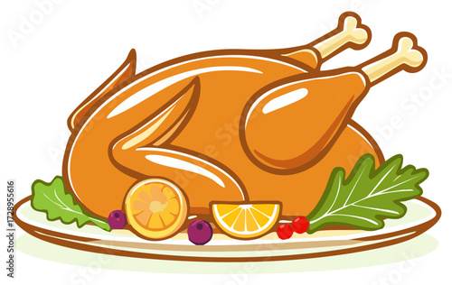 Roasted Turkey on a Plate with Citrus Fruit and Green Leaves Illustration
